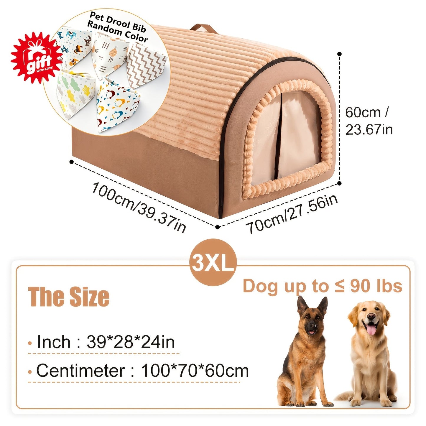 Foldable Dog Bed Cave 2-in-1 All Season – Fully Enclosed Covered Pet House with Handle, Soft Fluffy Non-Slip Washable Nest for Large, Medium & Small Dogs and Cats – Free Drool Bib – Velora
