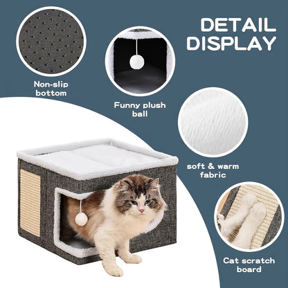Multi-Layer Cat House with 2-Tier Bed, Toy Tunnel, Foldable Scratching Post & Cozy Mat – All-Season Indoor Cat Condo with Plush Hanging Ball, Nylon Frame & Canvas, Foldable Design