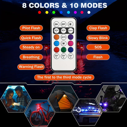 Wireless LED Lights for Vehicles 6 or 8pcs – Remote Control, 8 Color Modes, USB Rechargeable, for Car Interior, Truck, Motorcycle, Drone, Bicycle & Plane