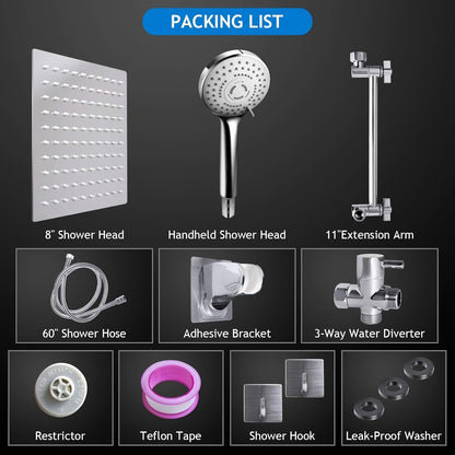 High Pressure Rainfall Handheld Shower Head Combo 11-Inch Extension Arm 9 Settings Anti-Leak Height Adjustable Chrome Matte Black