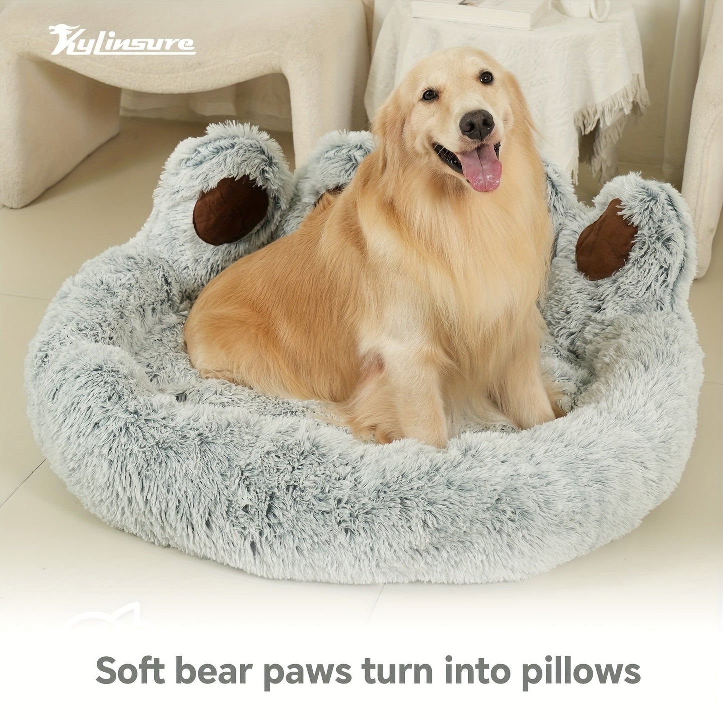 Bear Paw Shaped Donut Dog Bed & Cat Bed – Calming Warm Soft Plush Round Pet Mattress with Bonus Pet Scarf S M L XL 2XL Coffee Pink Grey Brown for Small Medium Large Dogs Cats