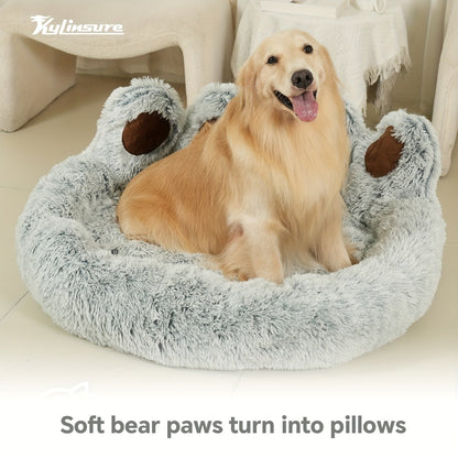 Bear Paw Shaped Donut Dog Bed & Cat Bed – Calming Warm Soft Plush Round Pet Mattress with Bonus Pet Scarf S M L XL 2XL Coffee Pink Grey Brown for Small Medium Large Dogs Cats