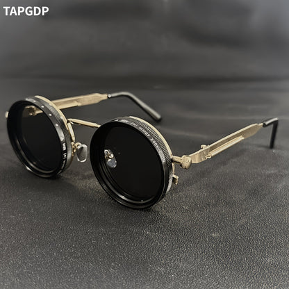 Men's Vintage Steampunk Spin Fashion Glasses – Adjustable Brightness, Alloy Frame, Black & Grey Gradient Interchangeable Lenses, Bohemian Party & Casual Eyewear Accessory