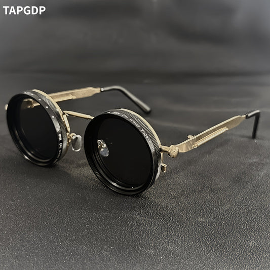 Men's Vintage Steampunk Spin Fashion Glasses – Adjustable Brightness, Alloy Frame, Black & Grey Gradient Interchangeable Lenses, Bohemian Party & Casual Eyewear Accessory
