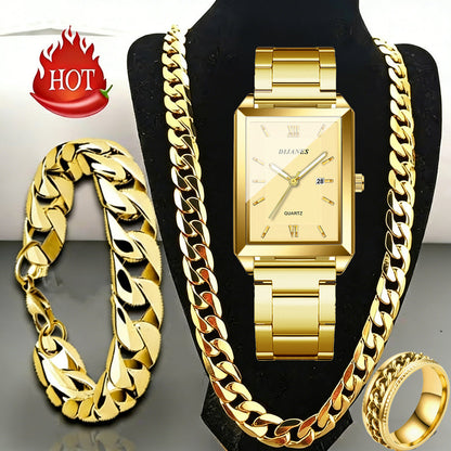 4pcs Men's Watch and Jewelry Set – Quartz Watch with Necklace Bracelet Ring, Business Casual Date Display, Luxury Gift Set for Men in Black Silver Gold