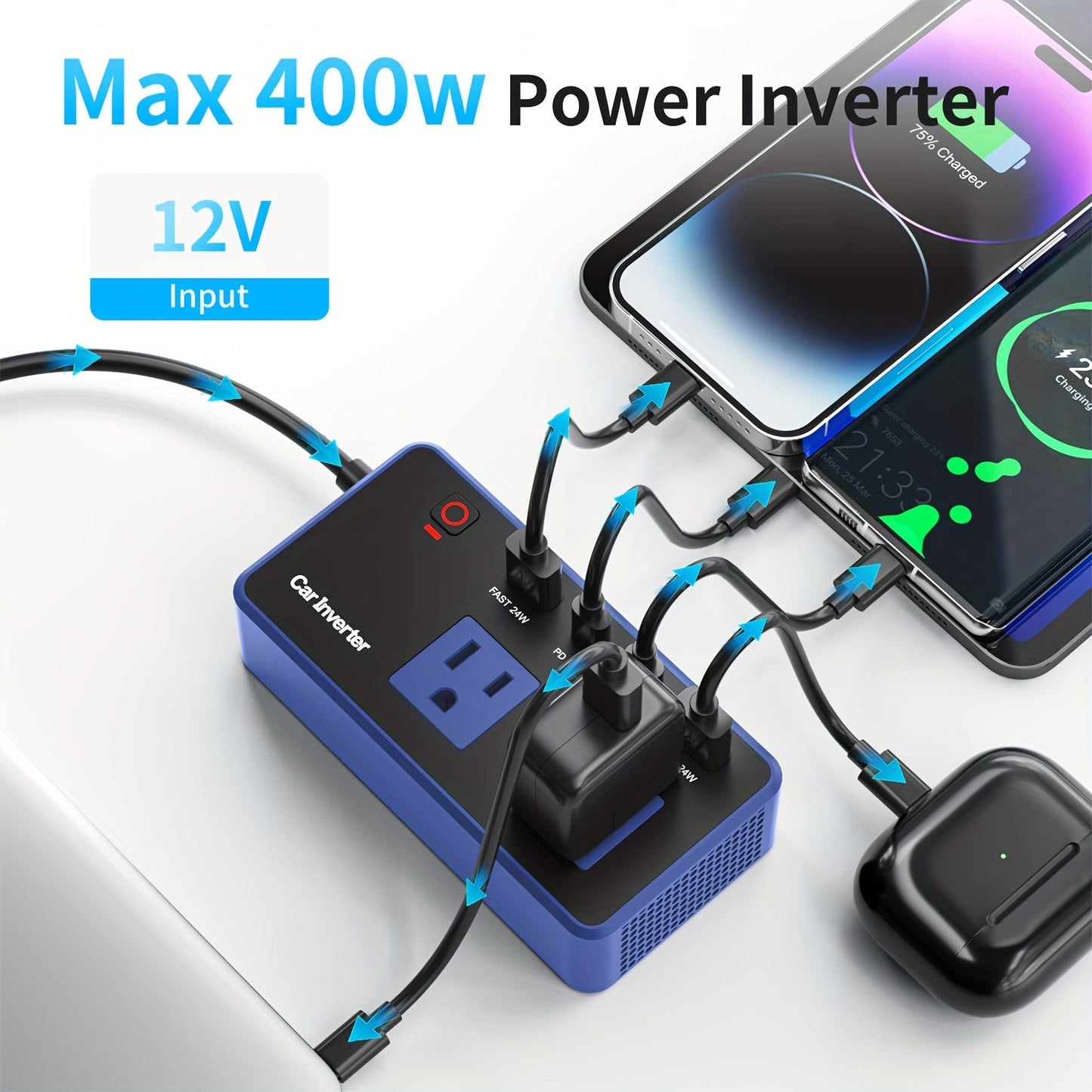 200W Car Power Inverter DC 12V to AC 110V with 24W USB-C & USB-A 4.8A Ports – Vehicle Outlet Adapter for Laptop, Camping, Travel & Road Trip Power Converter