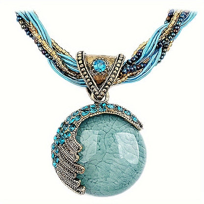Boho Turquoise Rhinestone Pendant Collar Necklace for Women Vintage Twist Woven Rope Chain Adjustable Statement Jewelry