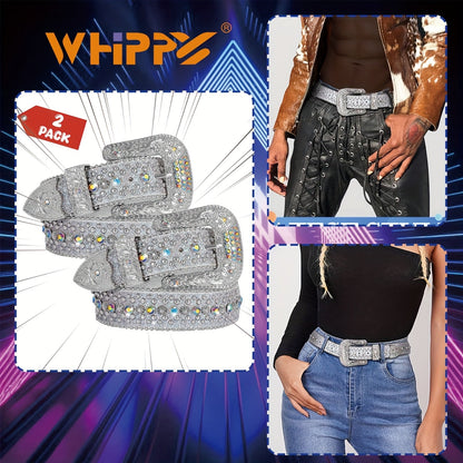 Rhinestone Belt Unisex Western Cowgirl Bling Belt – Sparkling Faux Leather Adjustable Waist Belt with Alloy Buckle for Women Men Sizes S-XL Party Festival Halloween Christmas Gift