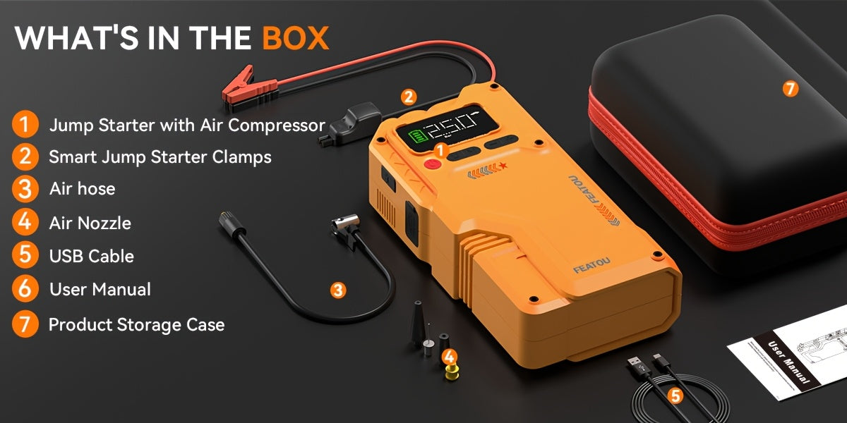 7000A Portable Jump Starter with Air Compressor – 5000A/7000A Peak Battery Pack with 150PSI Digital Tire Inflator, Fits 10L Gas & 2.38gal Diesel, Fast USB Charging & LED Emergency Light