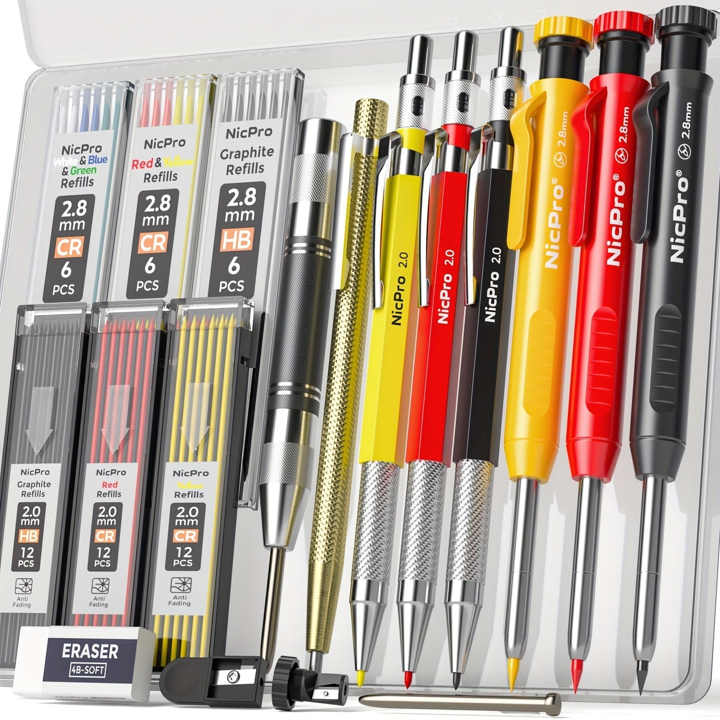 Carpenter Pencil Set with Sharpener – Mechanical Pencils with Refills, Automatic Center Punch & Carbide Scribe Tools in Sturdy Case, 15/16/17/18/27-Piece Pro Marking Kit for Woodworking