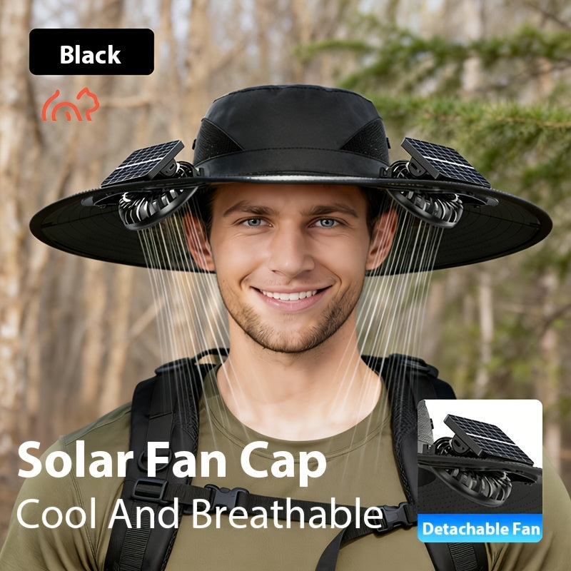 Solar Fan Sun Hat with USB Charging & Dual Fans, Adjustable Strap Breathable Cooling Hat for Outdoor Camping, Fishing, Hiking & Sports - High Air Volume Long Battery Life - Black, Dark Gray, Khaki, Camo