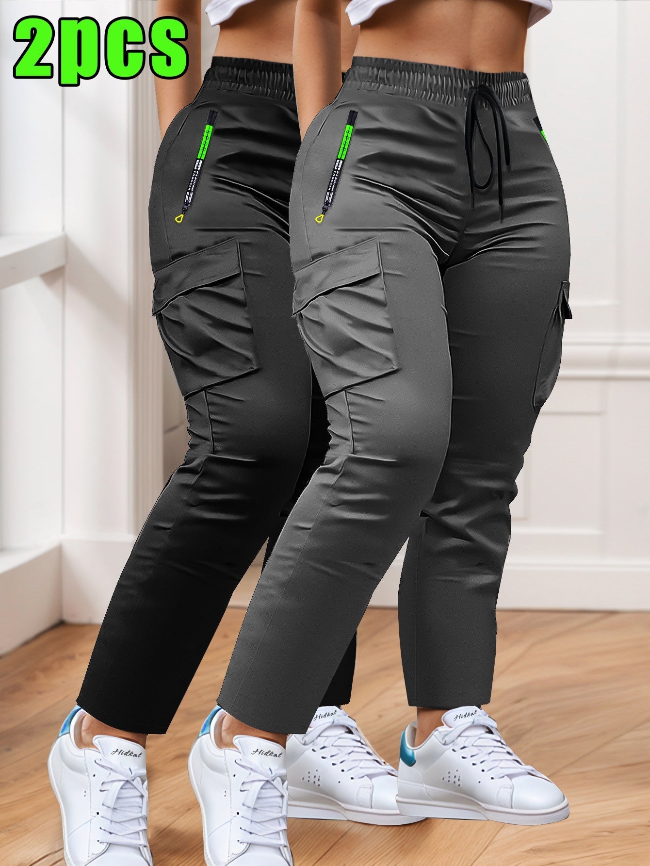 Women's Cargo Pants 2-Pack Multi-Pocket Slim Fit Straight Leg – Drawstring Waist Zip Pockets Casual Trousers for Outdoor Work Everyday Wear XS-XXL
