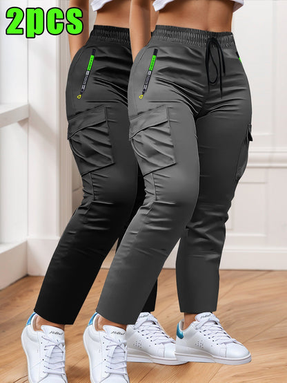 Women's Cargo Pants 2-Pack Multi-Pocket Slim Fit Straight Leg – Drawstring Waist Zip Pockets Casual Trousers for Outdoor Work Everyday Wear XS-XXL