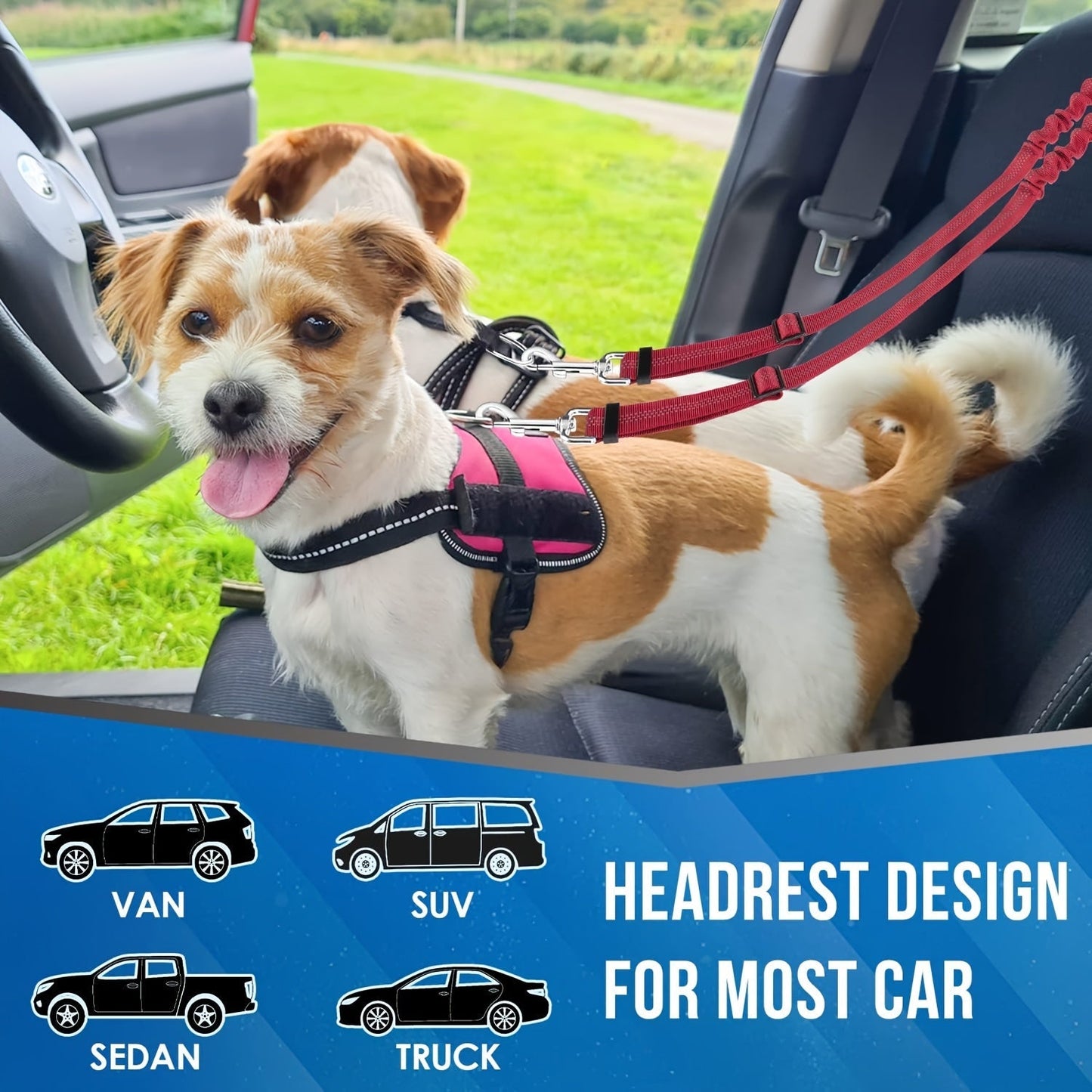 Dual Dog Car Seat Belt for 2 Dogs No-Tangle Headrest Restraint Adjustable Bungee Pet Safety Harness for Small Medium Large Dogs Car Travel