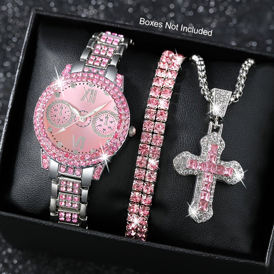 3pcs Women's Fashion Watch and Jewelry Set – Elegant Rhinestone Ring & Bracelet Watch Set, Stylish Gift for Women in Pink Red Silver, Perfect for Birthday Valentine's Day Anniversary
