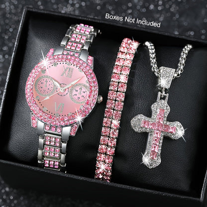 3pcs Women's Fashion Watch and Jewelry Set – Elegant Rhinestone Ring & Bracelet Watch Set, Stylish Gift for Women in Pink Red Silver, Perfect for Birthday Valentine's Day Anniversary