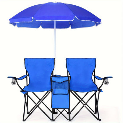 2-Person Folding Beach Chair Set with Umbrella, Table & Cooler Bag – Compact Collapsible Picnic Chair for Beach, Camping & Outdoor Outings, 270 lb Capacity Per Seat