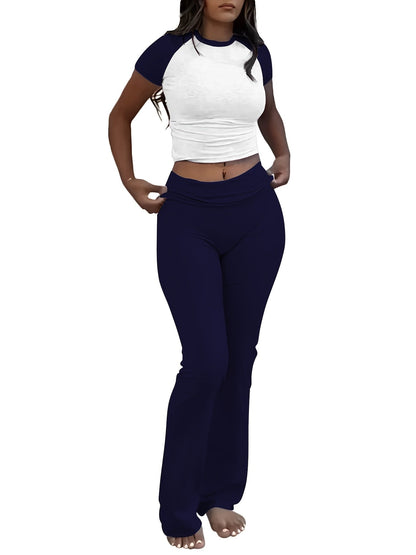 Women's Two-Piece Outfit Set - Slim Fit Short Sleeve Crew Neck T-Shirt & Skinny Flared Leg Pants, Casual Solid Color Matching Loungewear Tracksuit for Everyday Streetwear, Sizes XS-XL