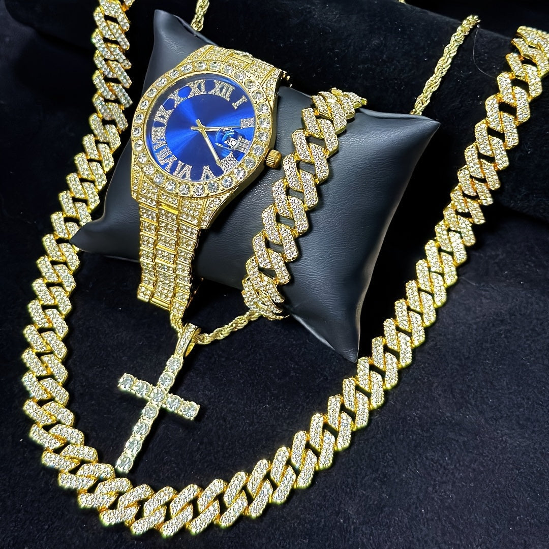 Luxury Cuban Link Jewelry Set for Men & Women – Necklace, Bracelet, Pendant & Wristwatch Full Set, Multiple Colors, Perfect Valentine’s Day, Christmas & Birthday Gift