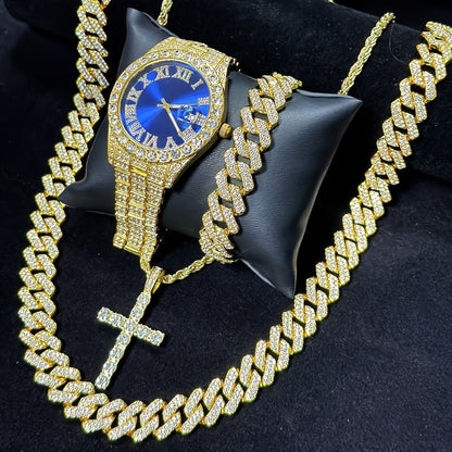 Luxury Cuban Link Jewelry Set for Men & Women – Necklace, Bracelet, Pendant & Wristwatch Full Set, Multiple Colors, Perfect Valentine’s Day, Christmas & Birthday Gift