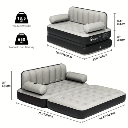 Inflatable Air Sofa Bed 2-in-1 Queen Size – Portable Blow Up Couch & Airbed with Headboard, Cup Holders, External Pump & Storage Bag, 440 lb Capacity for Home, Camping & Guests