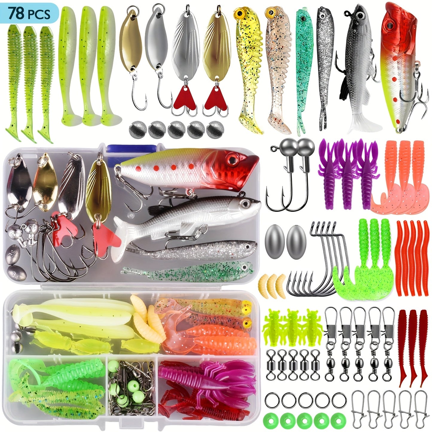 Fishing Lures Kit 78/106/188/361 Piece Freshwater Tackle Box Set, Spoon Lures Soft Plastic Worms Hooks & Accessories for Bass Trout Salmon Fishing, Complete Beginner & Pro Fishing Gear Gift