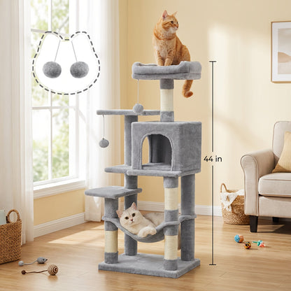 Multi-Level Cat Tree Tower 44-66 Inch with Hammock Sisal Scratching Posts Cozy Cave Perches Anti-Tilt Stable Cat Condo for Multi-Cat Families Kittens & Cats Gift