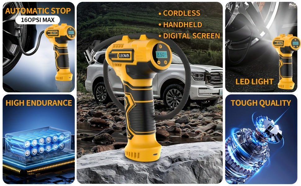 Portable Air Compressor Tire Inflator – 150 PSI Cordless Handheld Pump with Auto-Shutoff, Digital Pressure Gauge, LED Light, Rechargeable Battery for Car, Motorcycle, Bike, Ball | Velora