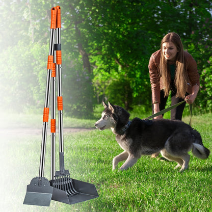 Stainless Steel Dog Pooper Scooper Set with Adjustable Long Handle – Rust-Proof Tray & Rake Pet Waste Removal Tool, No Bending, Easy to Clean, Ideal for All Dog Breeds, Outdoor Yard & Grass Use