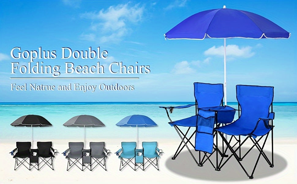 2-Person Folding Beach Chair Set with Umbrella, Table & Cooler Bag – Compact Collapsible Picnic Chair for Beach, Camping & Outdoor Outings, 270 lb Capacity Per Seat