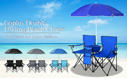 2-Person Folding Beach Chair Set with Umbrella, Table & Cooler Bag – Compact Collapsible Picnic Chair for Beach, Camping & Outdoor Outings, 270 lb Capacity Per Seat