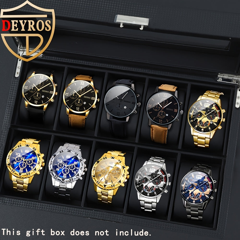 Men's Quartz Watch Set 10 Pcs – Analog Alloy Case, Faux Leather Strap, Date Display, Multiple Styles – Casual Wrist Watches for Men, Perfect Gift Set