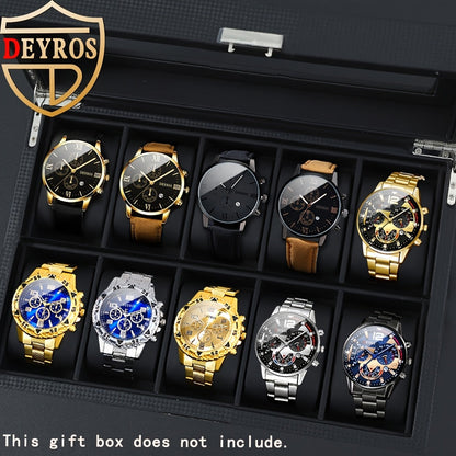 Men's Quartz Watch Set 10 Pcs – Analog Alloy Case, Faux Leather Strap, Date Display, Multiple Styles – Casual Wrist Watches for Men, Perfect Gift Set