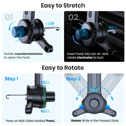 Car Phone Mount Extended Arm 3-Point Support, Extendable Metal Hook Cell Phone Holder for Car Dashboard Windshield, Superior Stability Universal Fit for iPhone Samsung Android