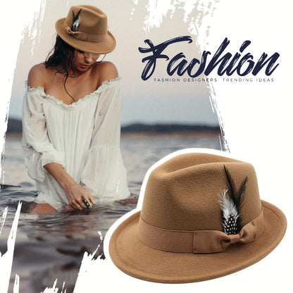 Short Brim Felt Fedora Hat for Men & Women – Classic Feather Panama Dress Hat in 7 Colors, Black Brown Navy Red Gray Coffee, Unisex Jazz Cap for Formal Casual Daily Wear