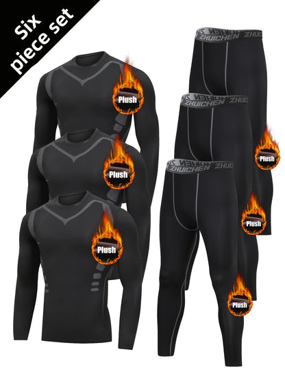 6pcs Men's Thermal Fleece-Lined Sports Underwear Set – Printed Warm Base Layer for Fall Winter Running Fitness Training, Morning & Night Workout Gear