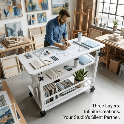 3-Tier Rolling Folding Desk with Wheels Height Adjustable Expandable Desktop Storage Shelf for Laptop Study Home Office Bedroom Living Room Computer Table