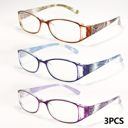 Women's Floral Reading Glasses Set of 3 - Rectangular Frames High-Definition Lenses Stylish Readers Brown Blue Purple Spring Hinge Lightweight Comfortable Eyewear Gift