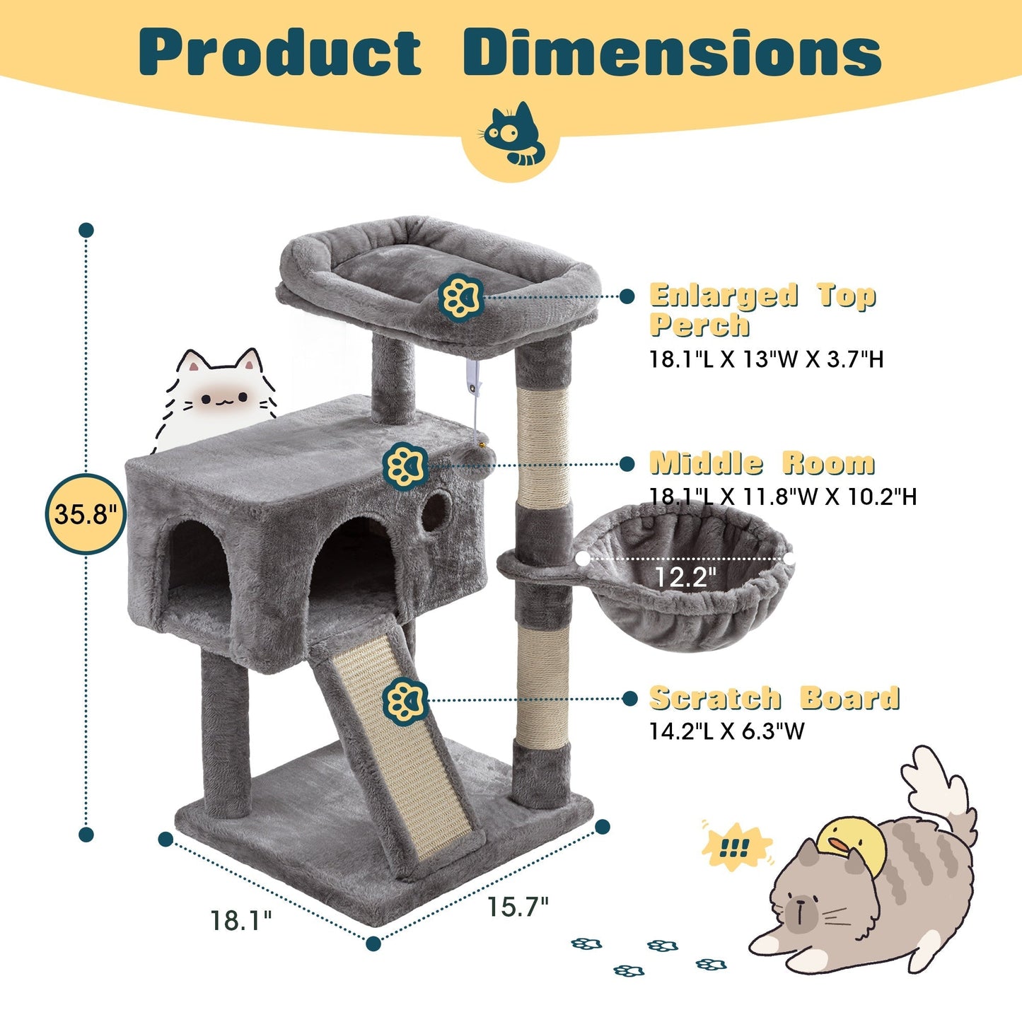 WEEWAY Corner Cat Tree Tower for Indoor Cats 36–81 Inch – Multi-Level Cat Furniture with Sisal Scratching Posts, Condo Cave, Hammock, Ramps, Plush Perches, Basket & Pompom Toys, Perfect Cat Gift