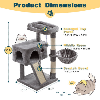 WEEWAY Corner Cat Tree Tower for Indoor Cats 36–81 Inch – Multi-Level Cat Furniture with Sisal Scratching Posts, Condo Cave, Hammock, Ramps, Plush Perches, Basket & Pompom Toys, Perfect Cat Gift