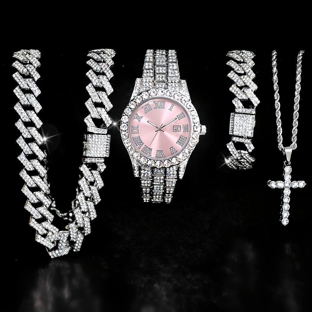 Luxury Cuban Link Jewelry Set for Men & Women – Necklace, Bracelet, Pendant & Wristwatch Full Set, Multiple Colors, Perfect Valentine’s Day, Christmas & Birthday Gift