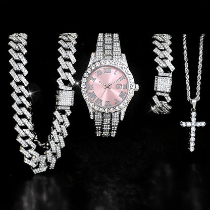 Luxury Cuban Link Jewelry Set for Men & Women – Necklace, Bracelet, Pendant & Wristwatch Full Set, Multiple Colors, Perfect Valentine’s Day, Christmas & Birthday Gift
