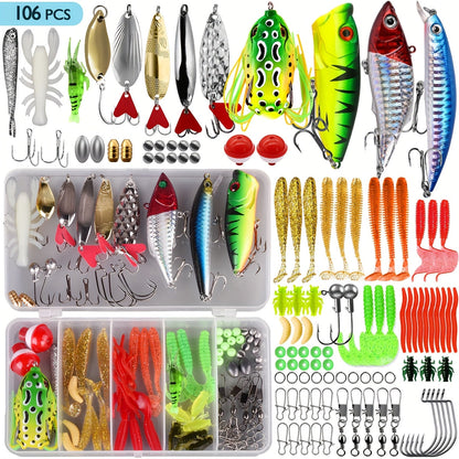 Fishing Lures Kit 78/106/188/361 Piece Freshwater Tackle Box Set, Spoon Lures Soft Plastic Worms Hooks & Accessories for Bass Trout Salmon Fishing, Complete Beginner & Pro Fishing Gear Gift