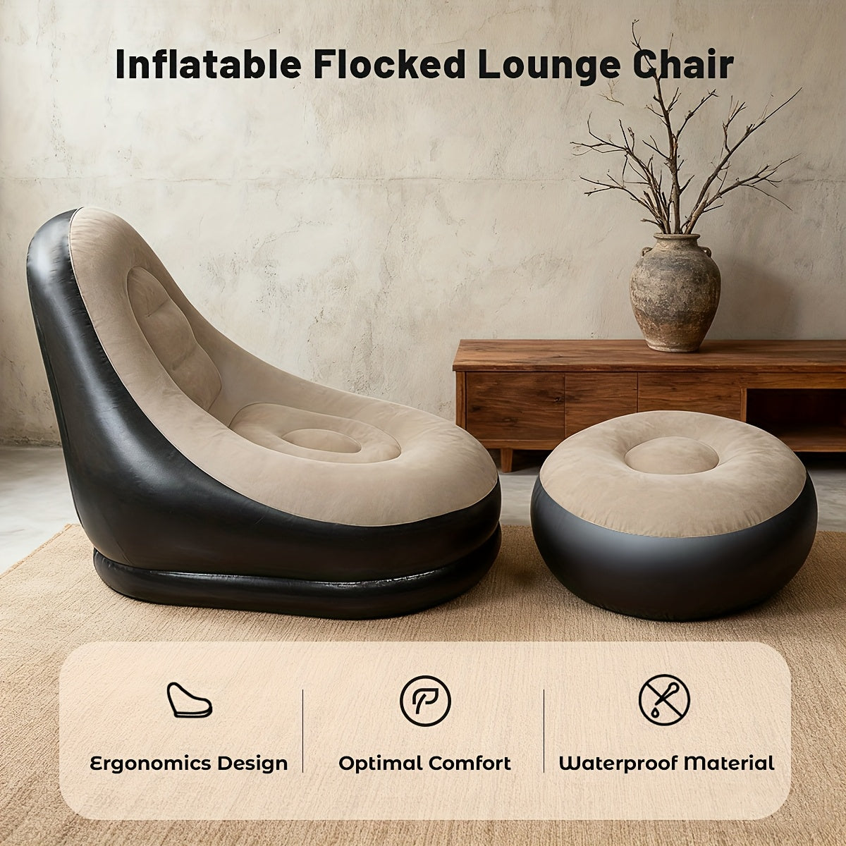 Inflatable Sofa Set 2 Piece Adult Recliner Lounge Chair with Footstool Plush Fabric Heavy Duty Portable Folding Air Couch with Pump Indoor Outdoor Camping Beach Living Room Patio