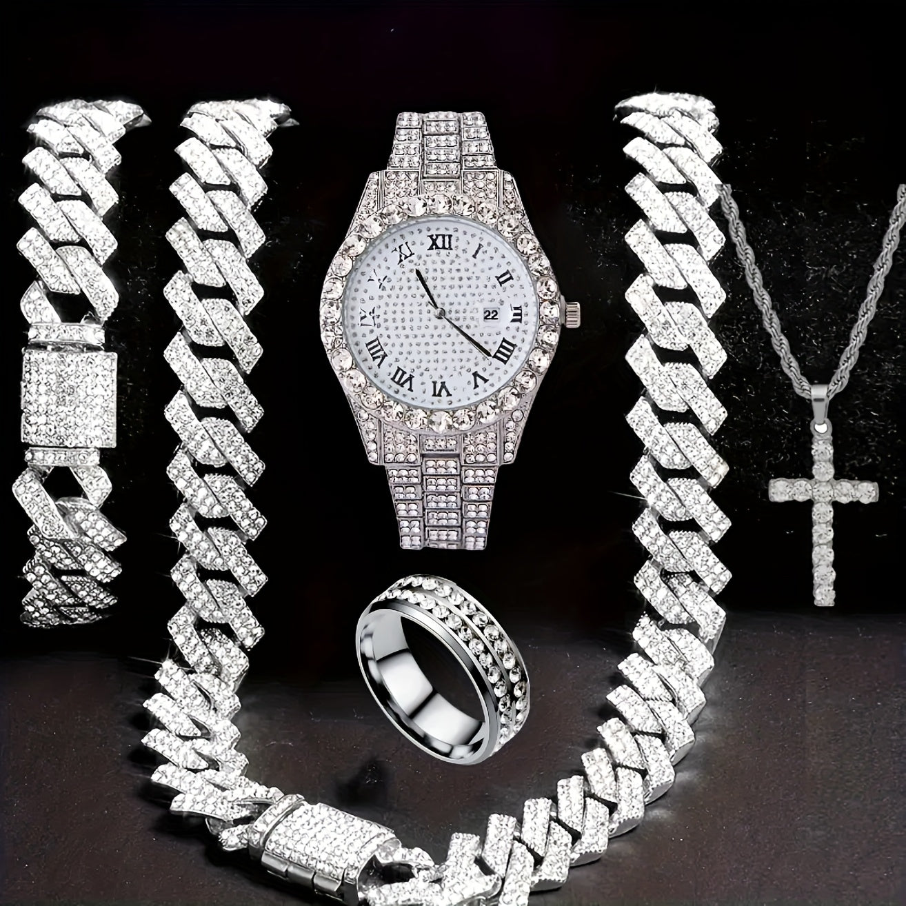 Men's Hip Hop Rhinestone Bling Watch Set with Waterfall Chain Bracelet & Necklace – Sparkling Quartz Watch Jewelry Set for Men, 3pc & 5pc, Perfect Holiday Gift