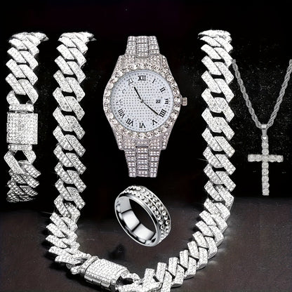 Men's Hip Hop Rhinestone Bling Watch Set with Waterfall Chain Bracelet & Necklace – Sparkling Quartz Watch Jewelry Set for Men, 3pc & 5pc, Perfect Holiday Gift