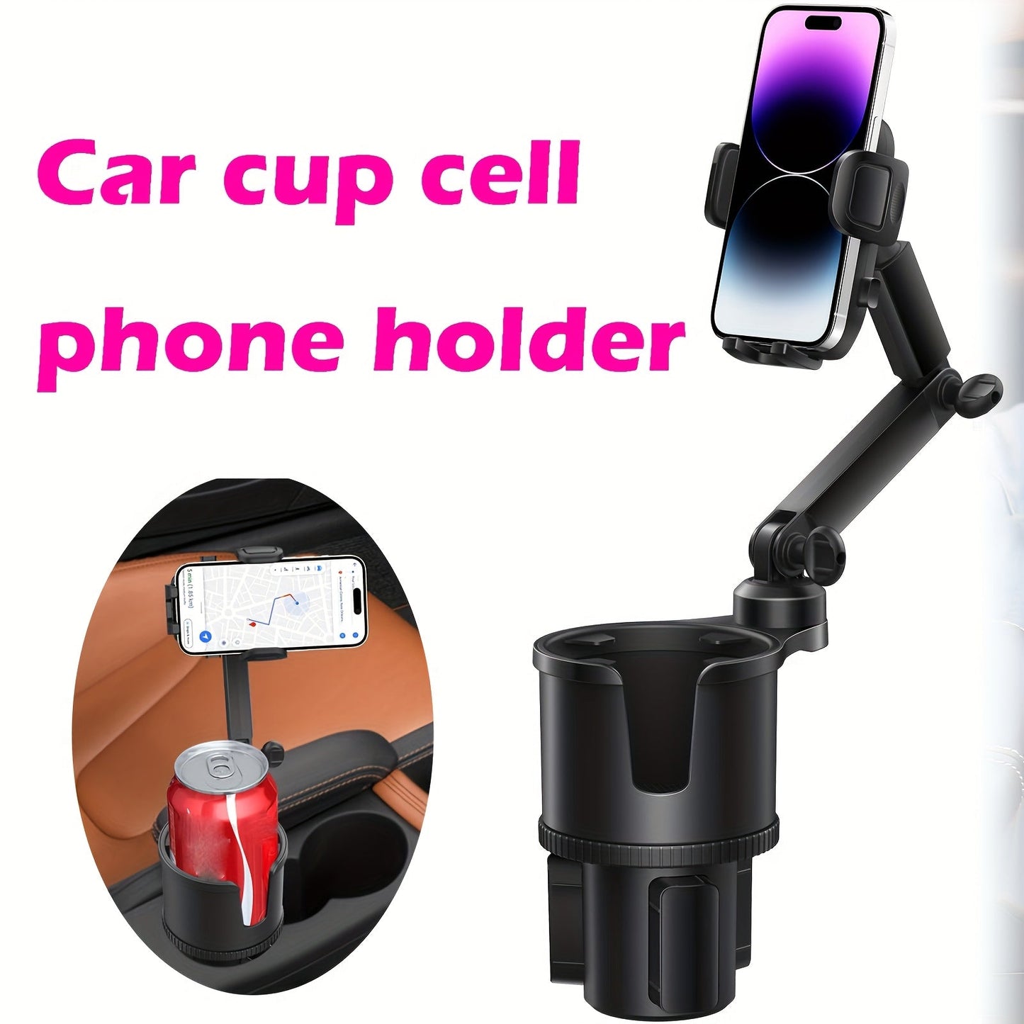 Car Phone Cup Holder Mount 2-in-1 Swivel 360° Rotation Universal Fit for Cars SUVs Trucks with Shock Absorption Trim - Black Extender