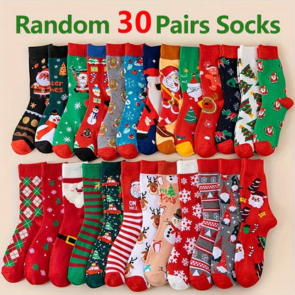 Christmas Socks 30 Pairs Fun Holiday Patterns Reindeer Santa Snowflakes Gingerbread Christmas Tree Warm Cartoon Socks – Unisex Gift Set for Men and Women