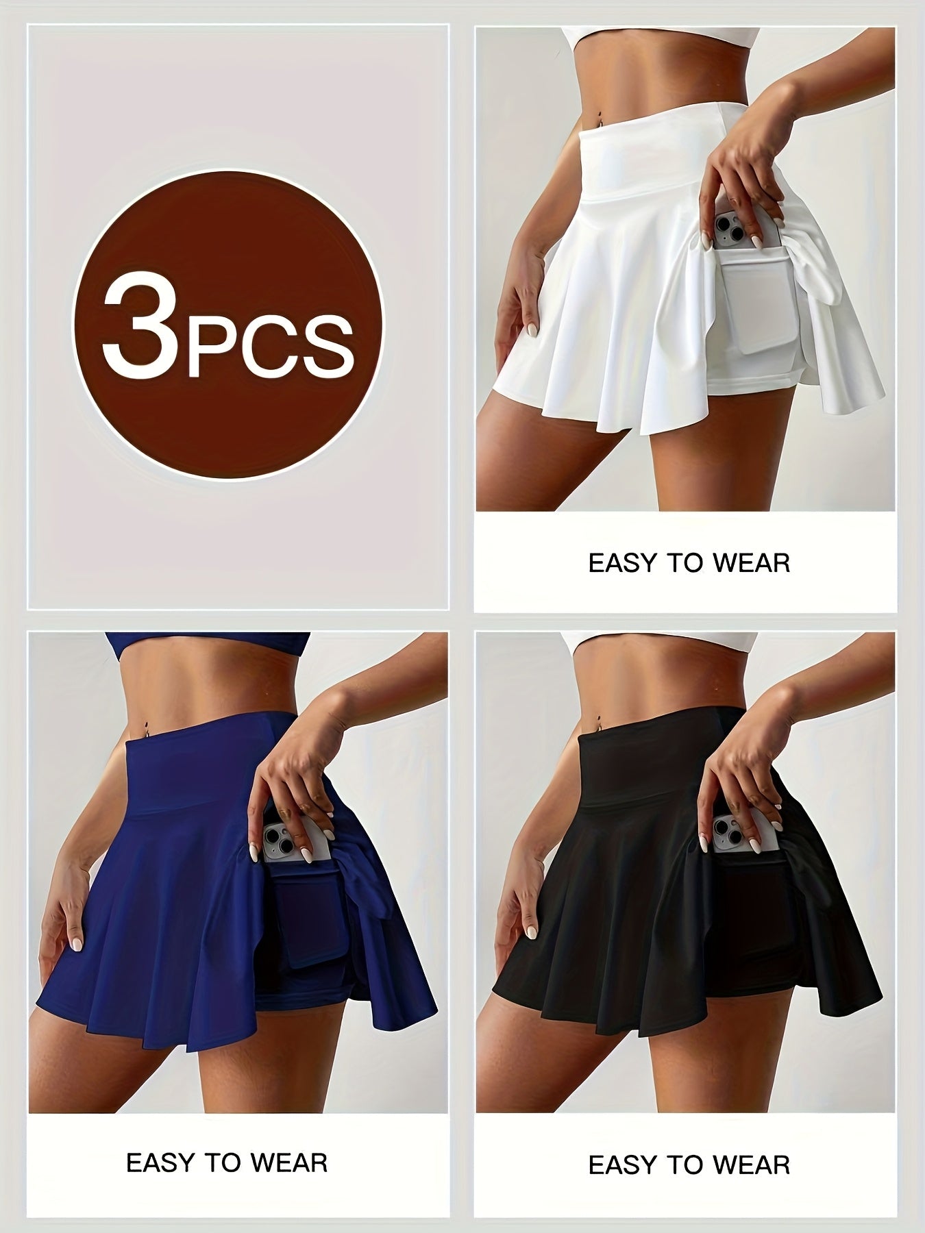 Women's Athletic Pleated Tennis Skort 3-Pack High Waist with Pockets Stretchy Polyester Yoga Skirt Machine Washable Side Tie Detail Comfort Fit for Tennis Yoga Gym Dance Sizes S-XXL