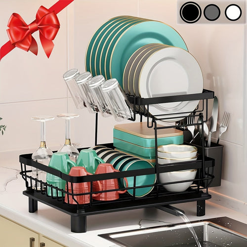 2-Tier Dish Drying Rack with Drainboard & Removable Utensil Holder – Large Capacity Dish Rack for Kitchen Counter, Sink-Side Drying Rack for Dishes, Cookware & Utensils – Space-Saving Design